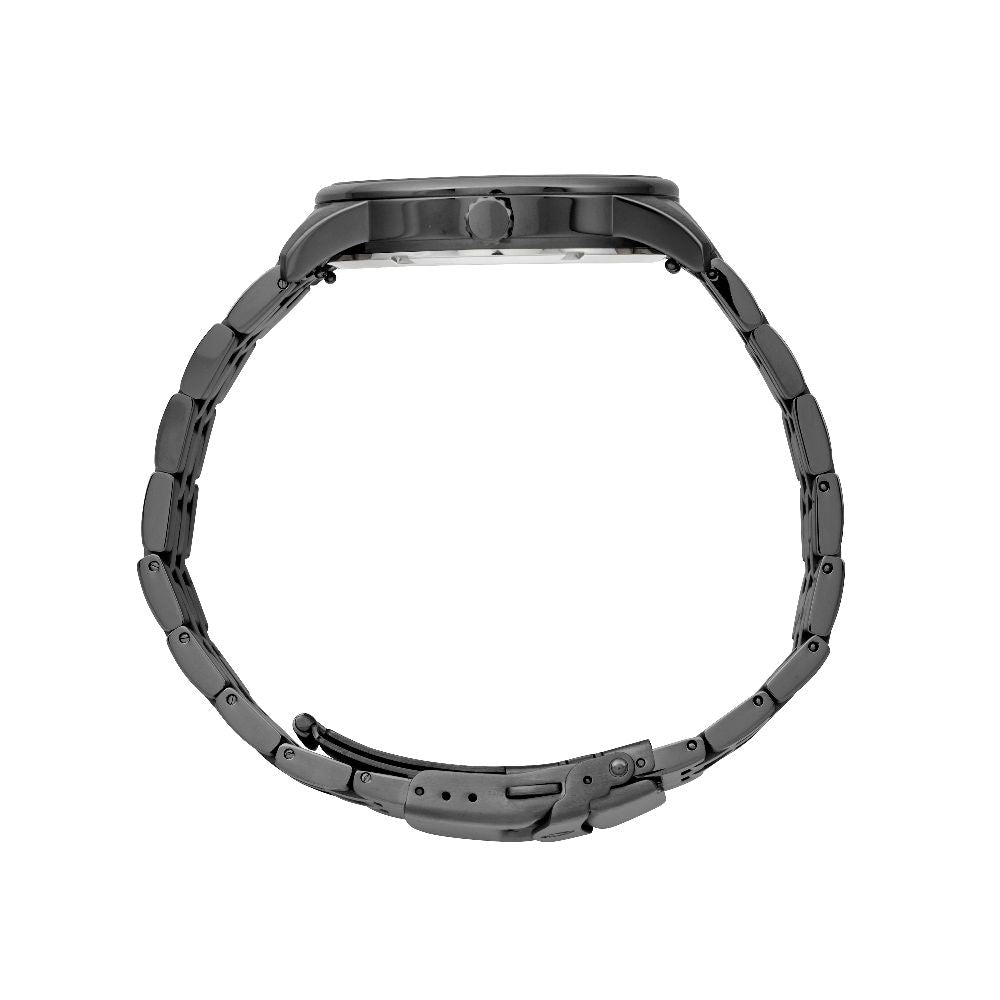 Maxum x Taylor Steele Collab analogue watch with a black stainless steel bracelet, black case, and a matte black dial featuring ying yang design and a dual timekeeping system. Side view