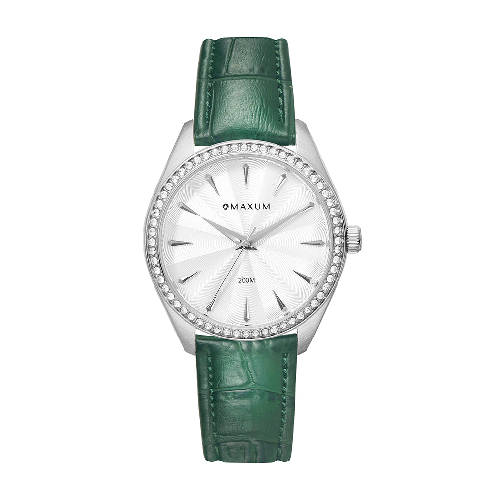 Sydney Crystal-Embellished Analogue Watch –White Dial, Silver Tone Case & Green Leather Band