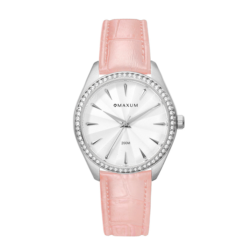Sydney Crystal-Embellished Analogue Watch –White Dial, Silver Tone Case & Blush Leather Band