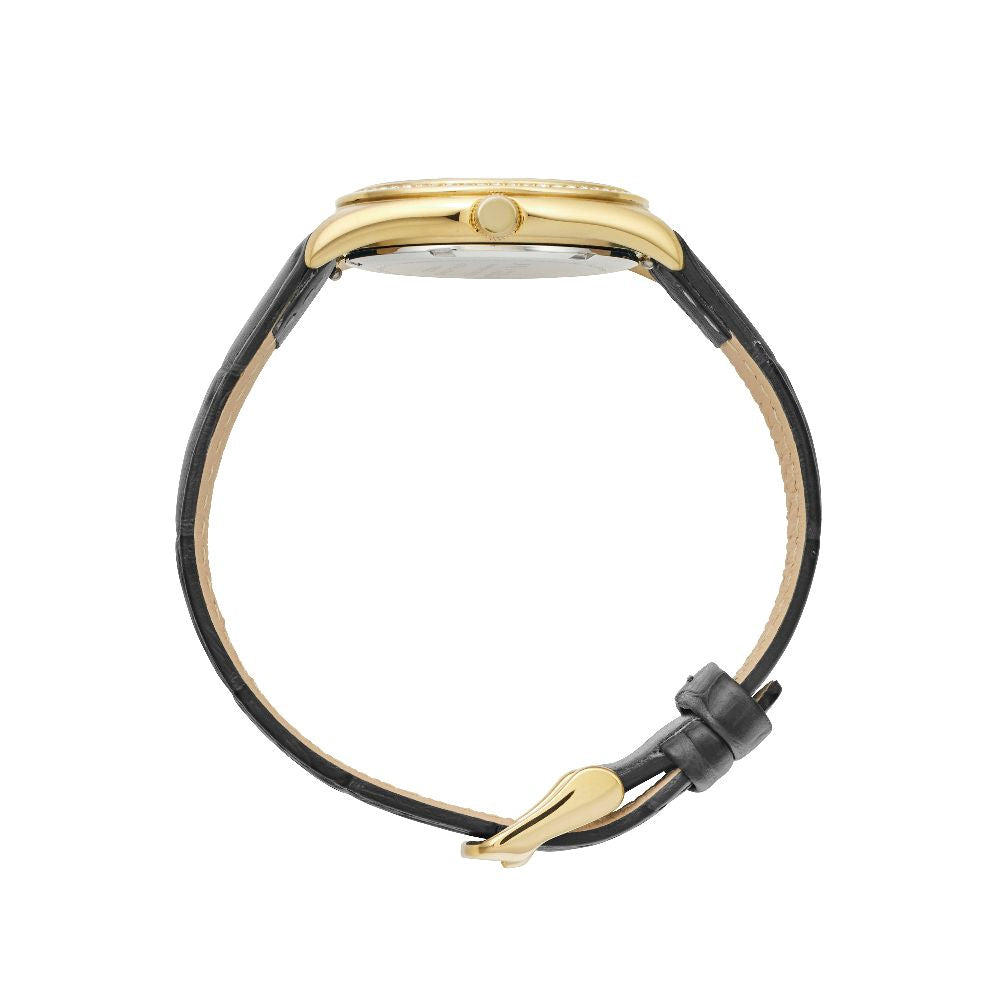 Sydney Crystal-Embellished Analogue Watch –White Dial, Gold Tone Case & Black Leather Band