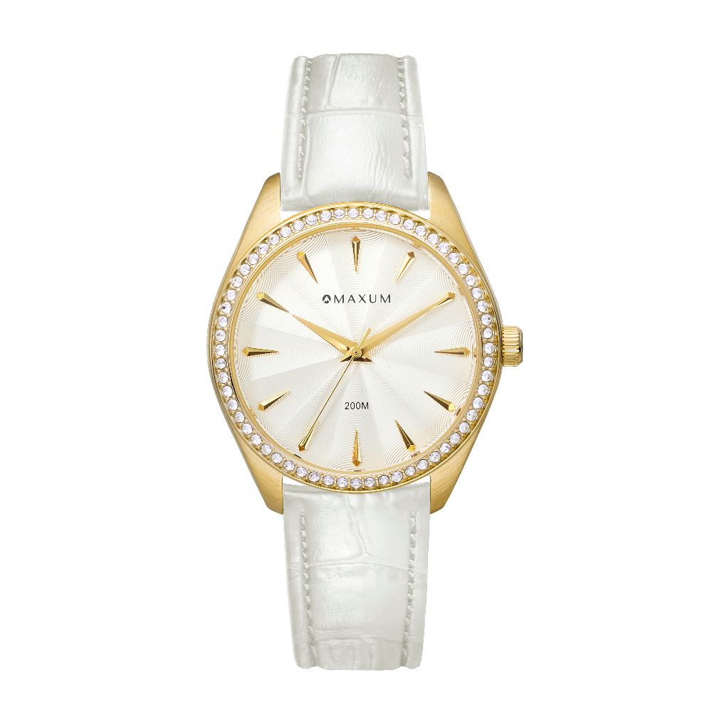 Sydney Crystal-Embellished Analogue Watch –White Dial, Gold Tone Case & White Leather Band