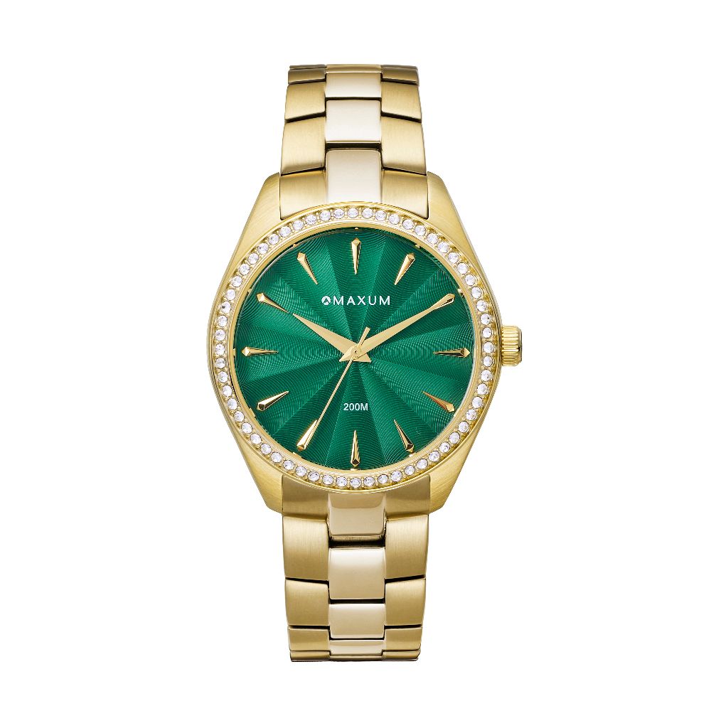 Sydney Crystal-Embellished Analogue Watch –Green Dial, Gold Tone Case & Gold Bracelet