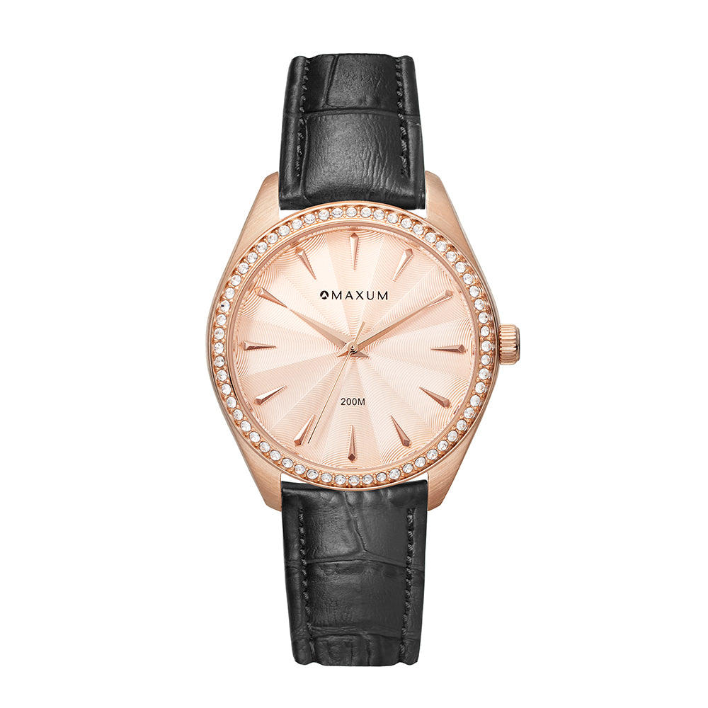 Sydney Crystal-Embellished Analogue Watch – Rose Gold Tone Dial, Rose Gold Tone Case & Black Leather Band