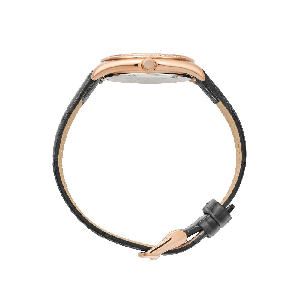 Sydney Crystal-Embellished Analogue Watch – Rose Gold Tone Dial, Rose Gold Tone Case & Black Leather Band