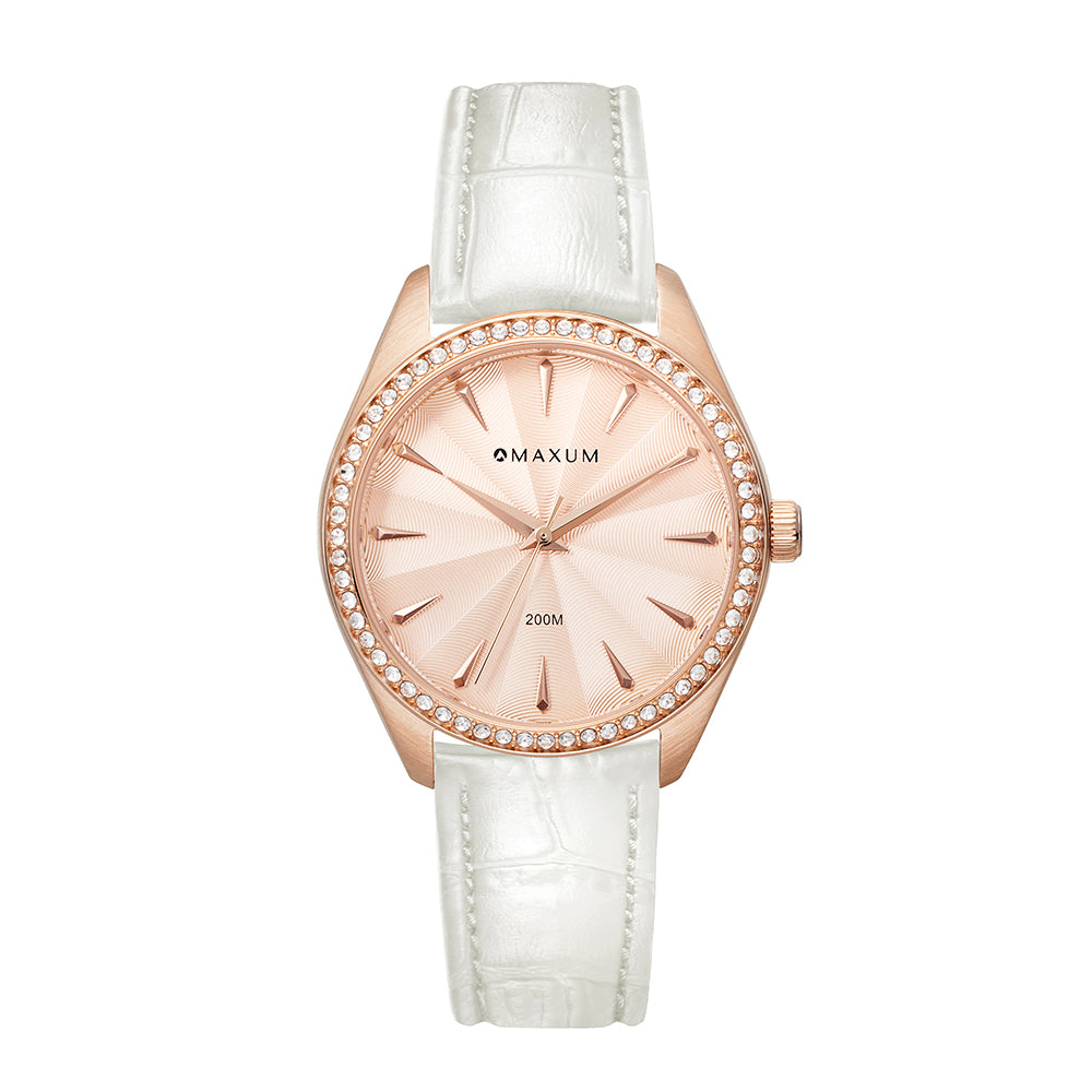 Maxum Sydney rose gold-tone analogue watch with a crystal-embellished bezel and a white leather band, displayed against a plain background.