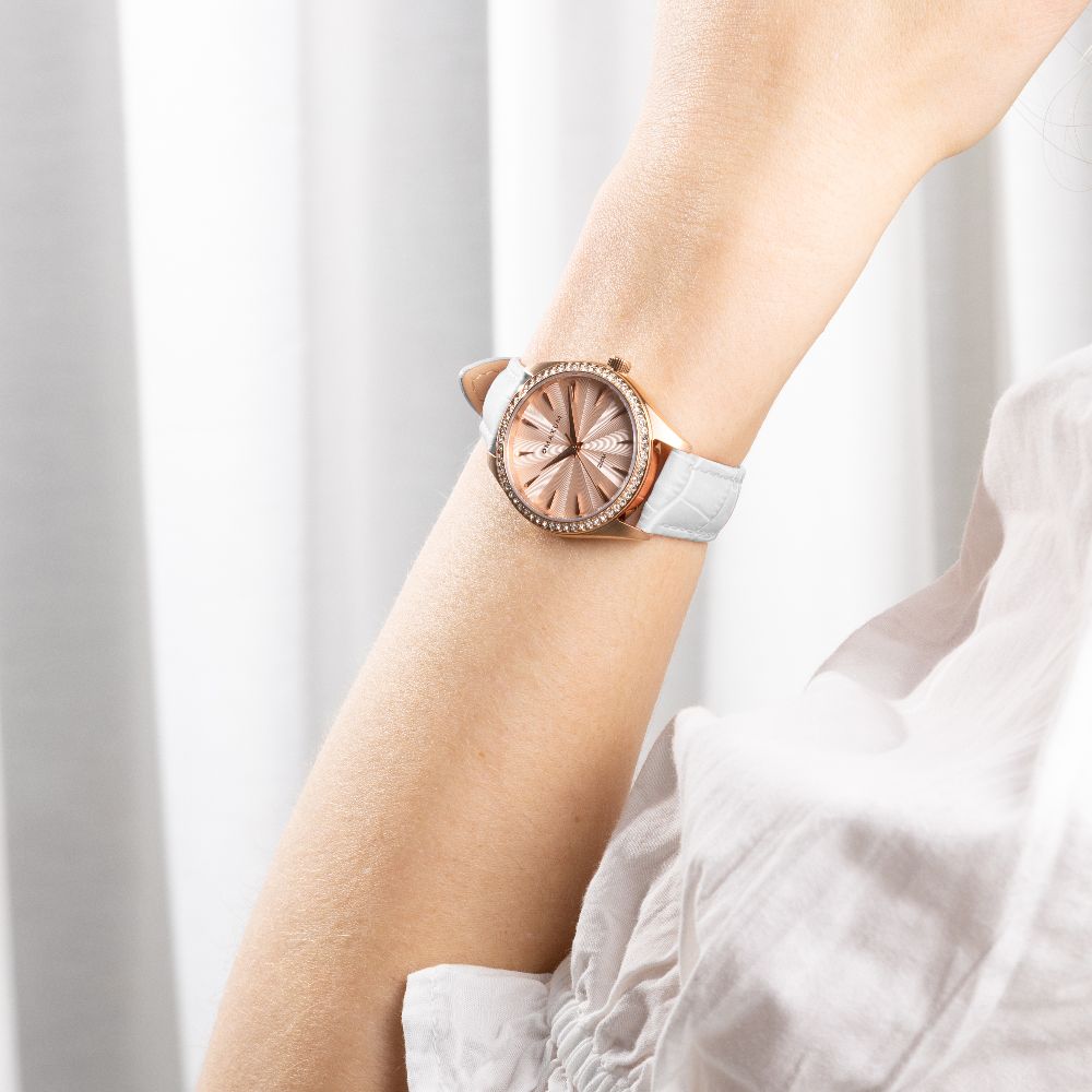 Sydney Crystal-Embellished Analogue Watch – Rose Gold Tone Dial, Rose Gold Tone Case & White Leather Band
