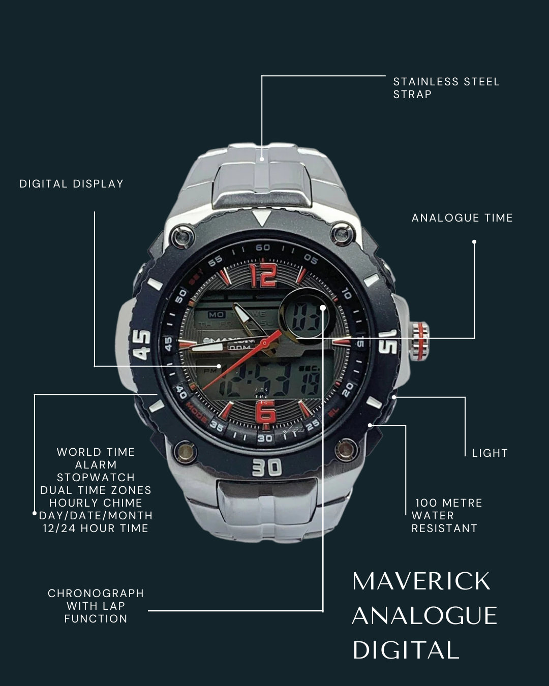 Maverick analogue digital watch with features highlighted on a dark background