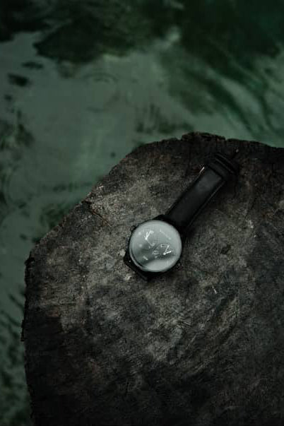 Maxum x Taylor Steele collab- black analog watch with a black dial, black case, and black leather band, on a black rock surrounded by green water