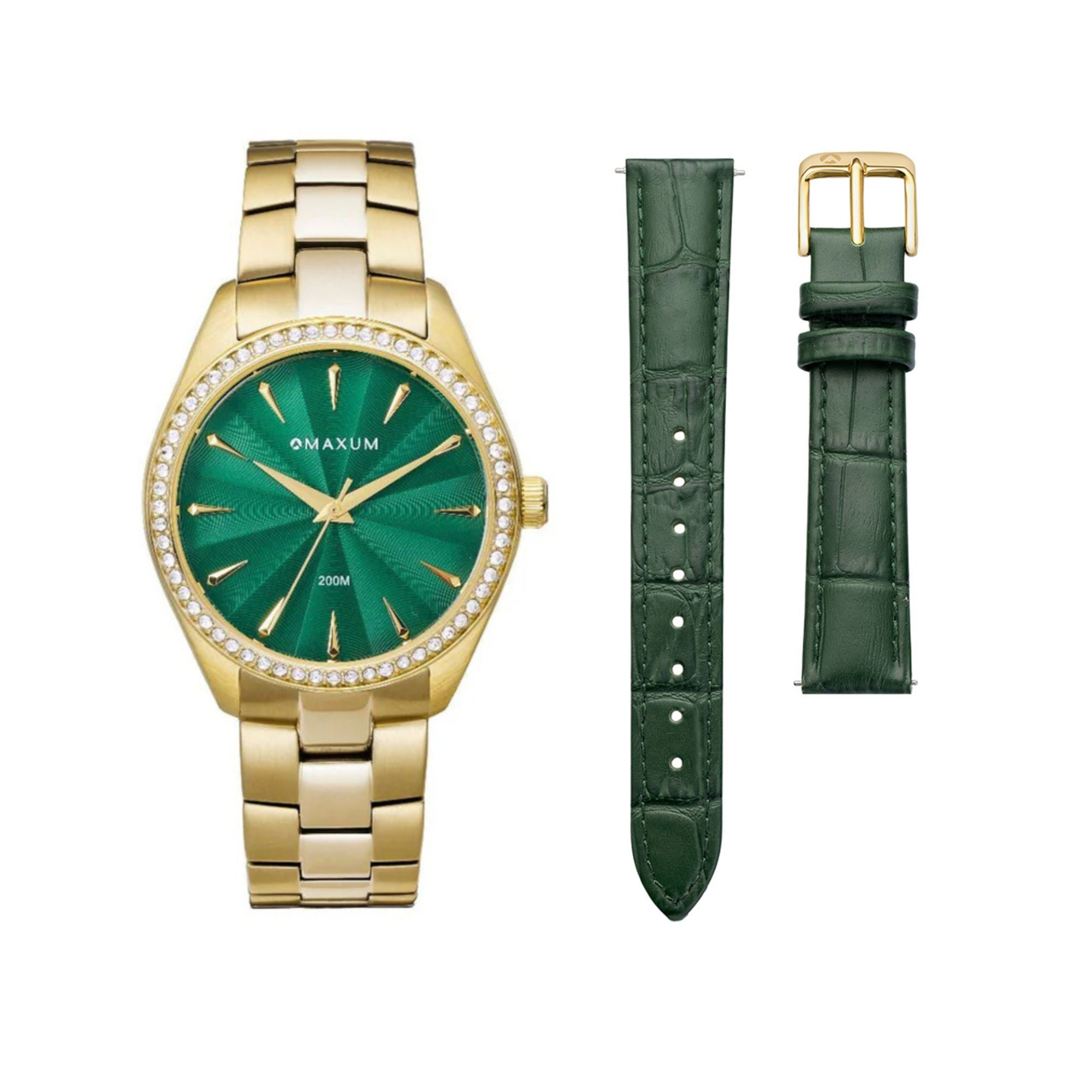 Sydney Green Box Set -Includes Gold Bracelet Watch with Green Leather Strap