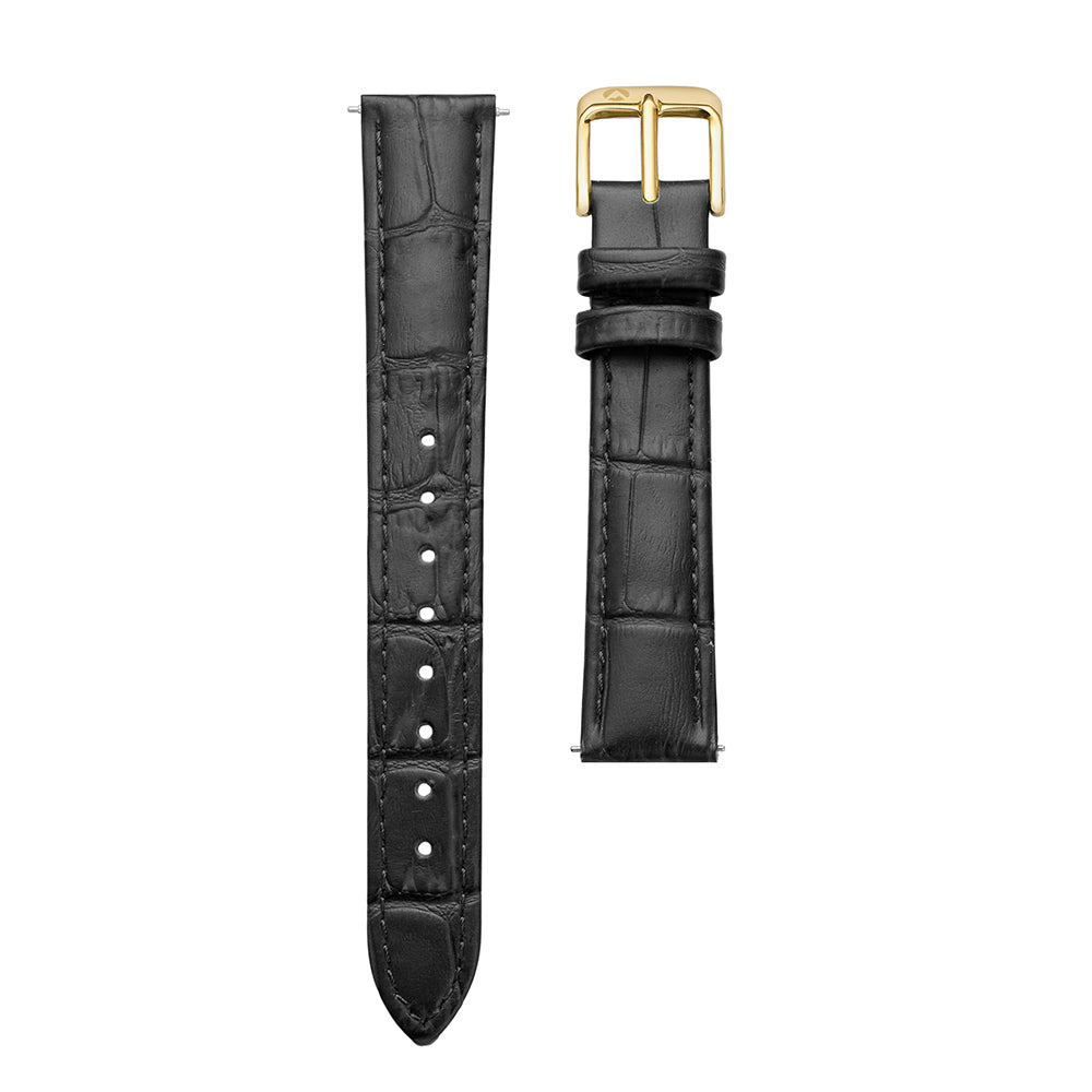 16mm Sydney Watch Band – Black Leather Strap With Gold-Tone Buckle