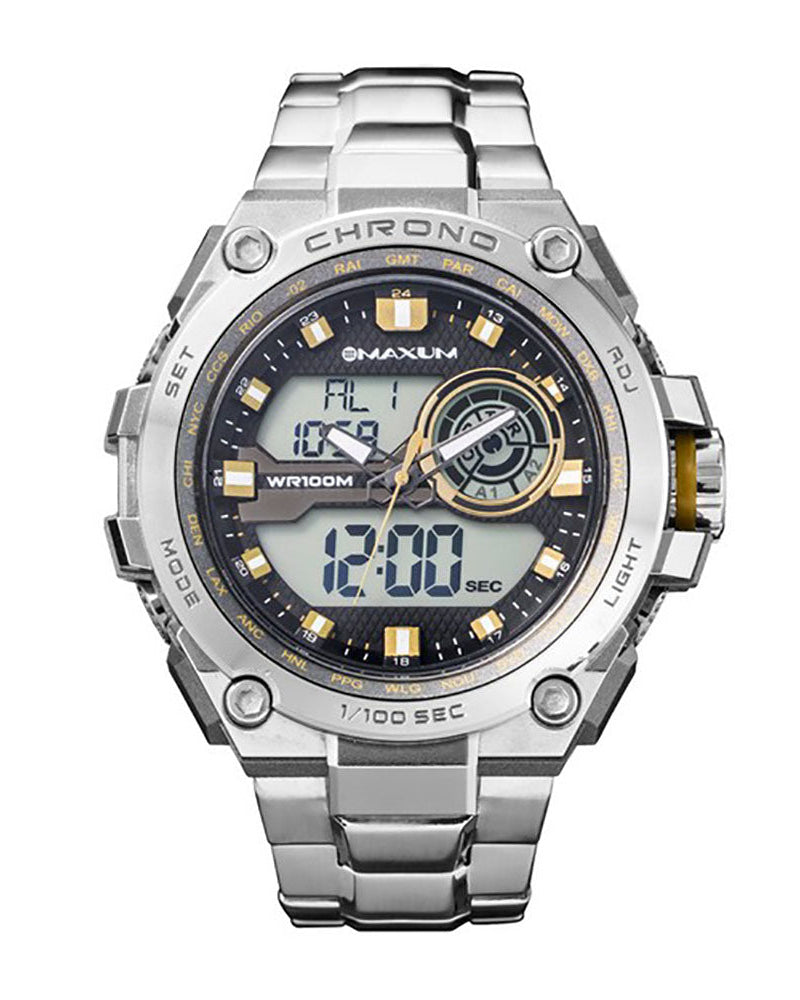 Maxum Bulk stainless steel analog and digital watch with a silver band and casing, black dial with digital readout, and gold accents.