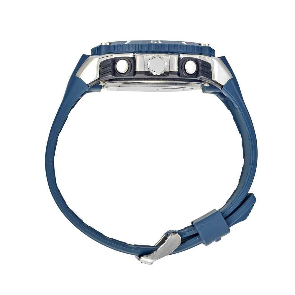 Maxum Maverick Blue Analogue Digital Watch with a silver and blue-tone case, a digital display, and a blue resin strap. Side view