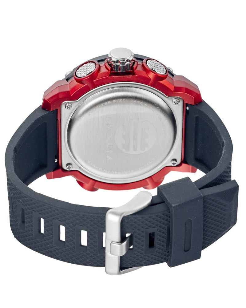 Maxum Conquest Analogue Digital Watch Black & Red with a silicone band and a digital display. Back view