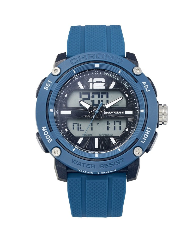 Maxum blue Conquest Analogue Digital Watch with a silicone strap and a digital display.