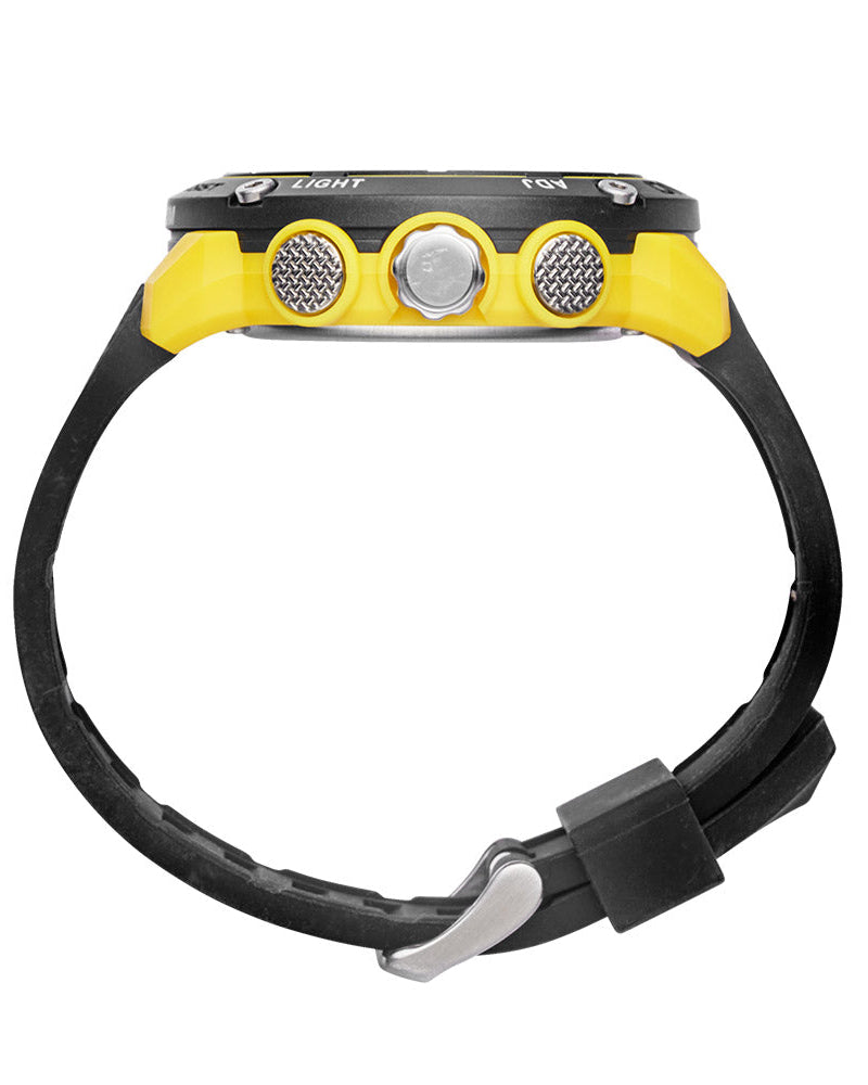 Maxum Conquest Analogue Digital Watch Black & Yellow with a silicone band and a digital display. Side view