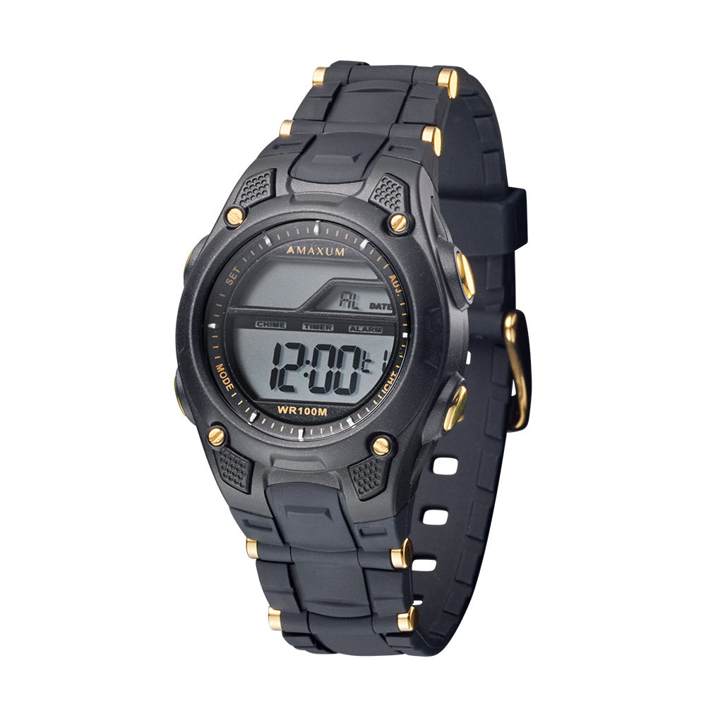 watch with a resin strap and buckle closure. The watch has a digital display with gold-coloured accents on the casing.