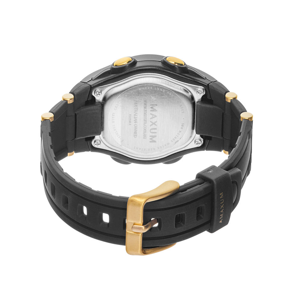 watch with a resin strap and buckle closure. The watch has a digital display with gold-coloured accents on the casing. Back view