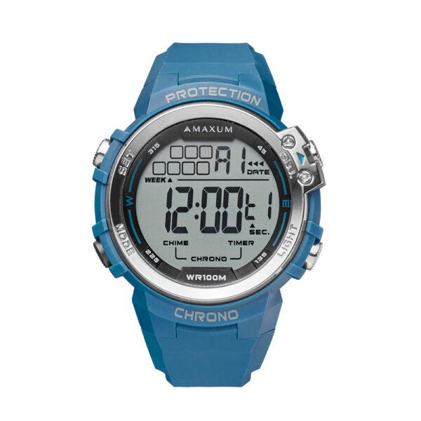 Maxum Explorer Blue Digital Watch with a blue resin strap, featuring a digital display with silver accent
