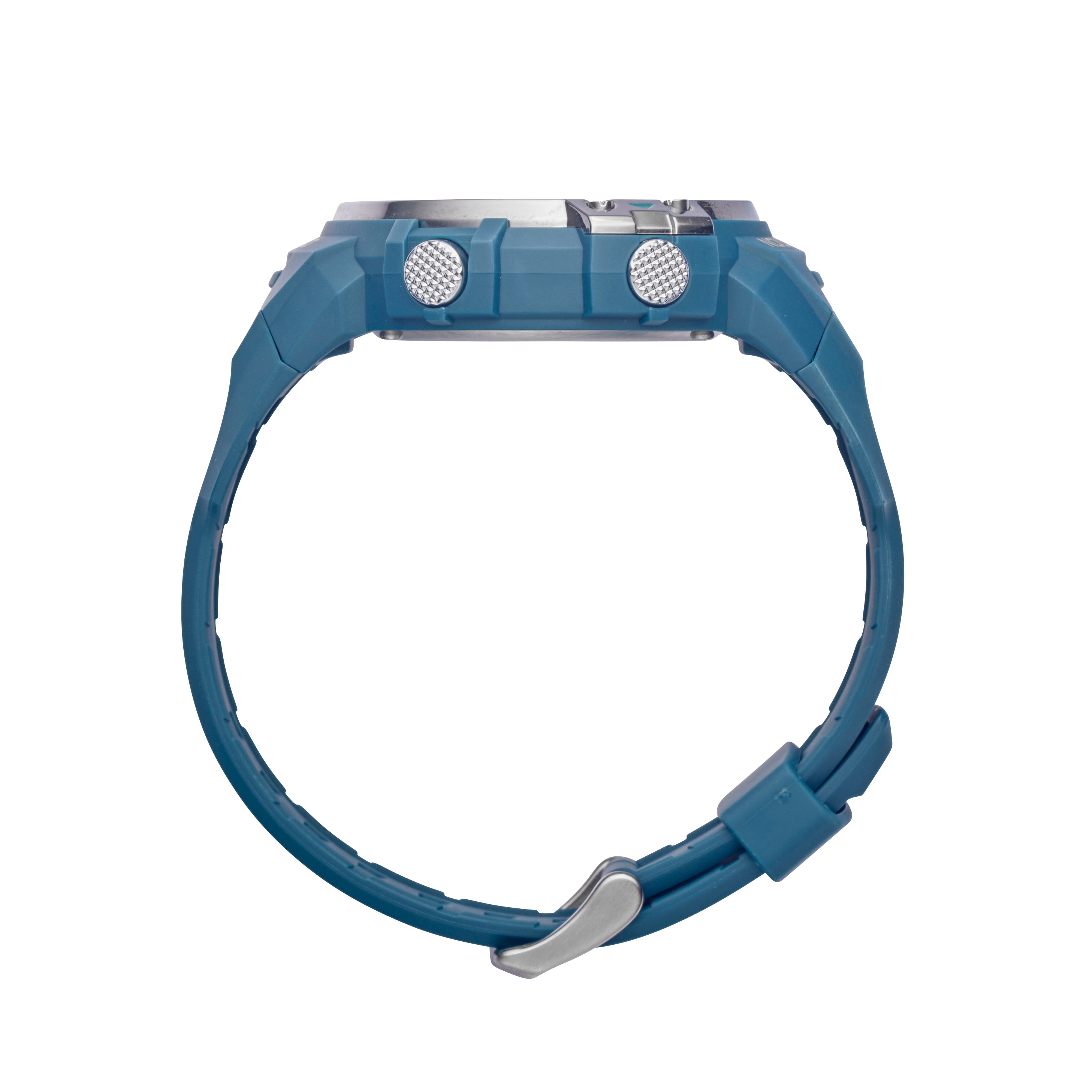 Maxum Explorer Blue Digital Watch with a blue resin strap, featuring a digital display with silver accent. Side view