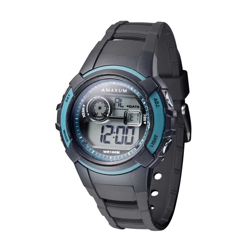 Maxum Button digital watch with a black resin strap and black case, featuring blue accents and a digital display.