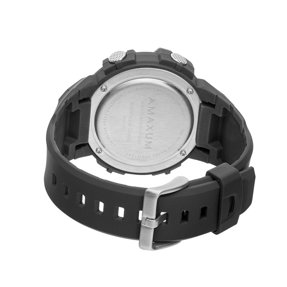 Maxum Button digital watch with a black resin strap and black case, featuring blue accents and a digital display. Back view