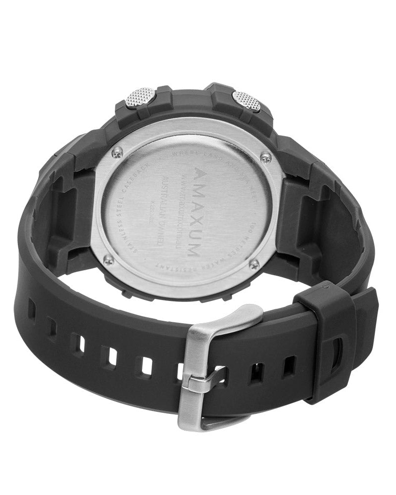 Maxum Button digital watch with a black resin strap and black case, featuring blue accents and a digital display. Back view