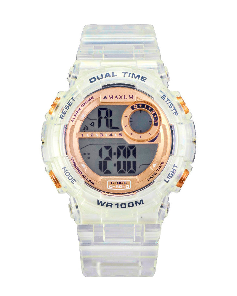 Maxum Endurance digital watch with a clear band and case, featuring a rose gold and white digital display, and buttons for various functions.