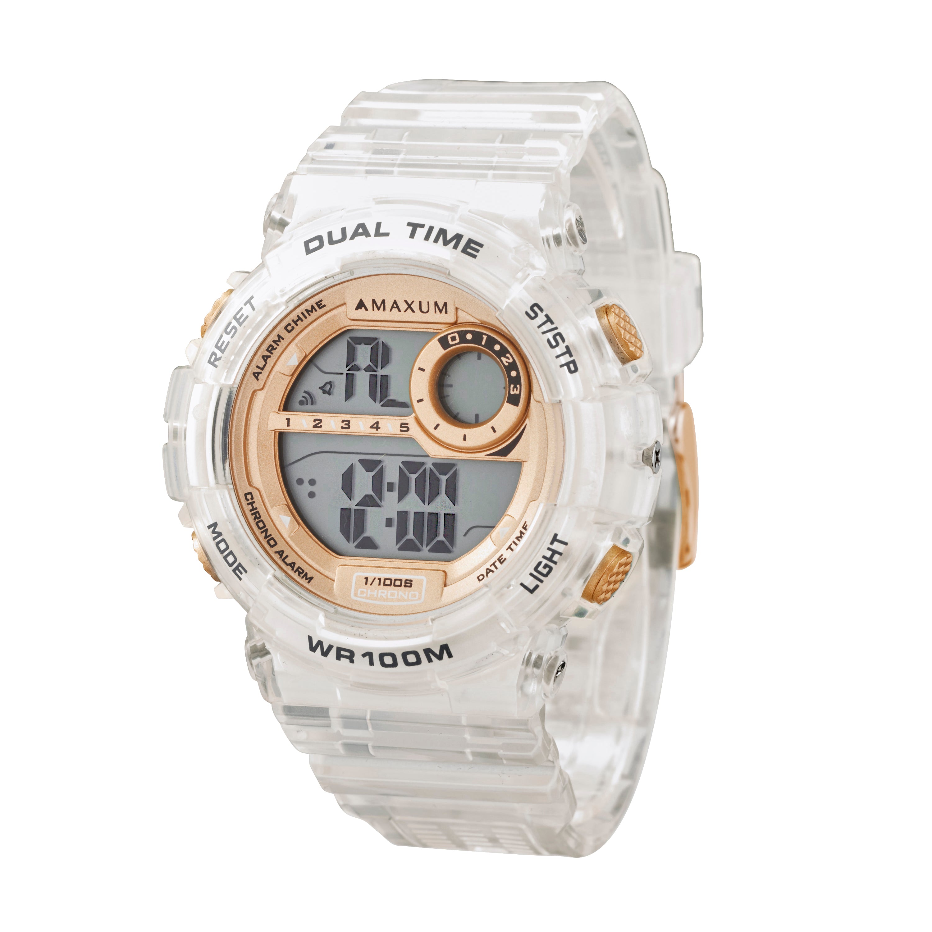 Maxum Endurance digital watch with a clear band and case, featuring a rose gold and white digital display, and buttons for various functions.