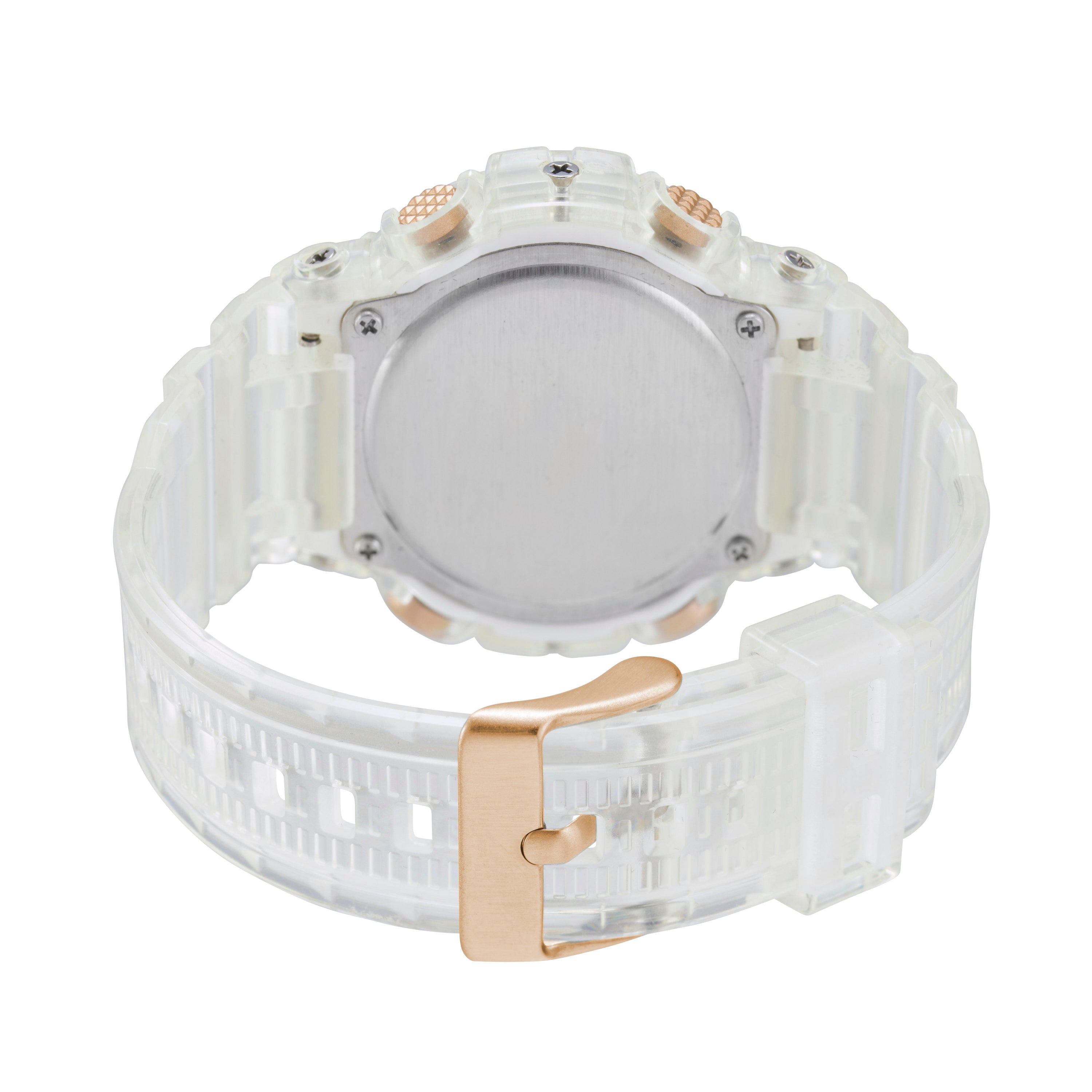 Maxum Endurance digital watch with a clear band and case, featuring a rose gold and white digital display, and buttons for various functions. Back view