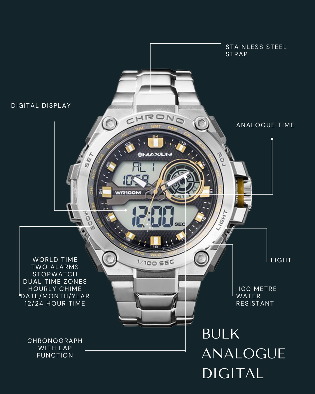 Maxum Bulk stainless steel analog and digital watch with a silver band and casing, black dial with digital readout, and gold accents. with text feature callouts