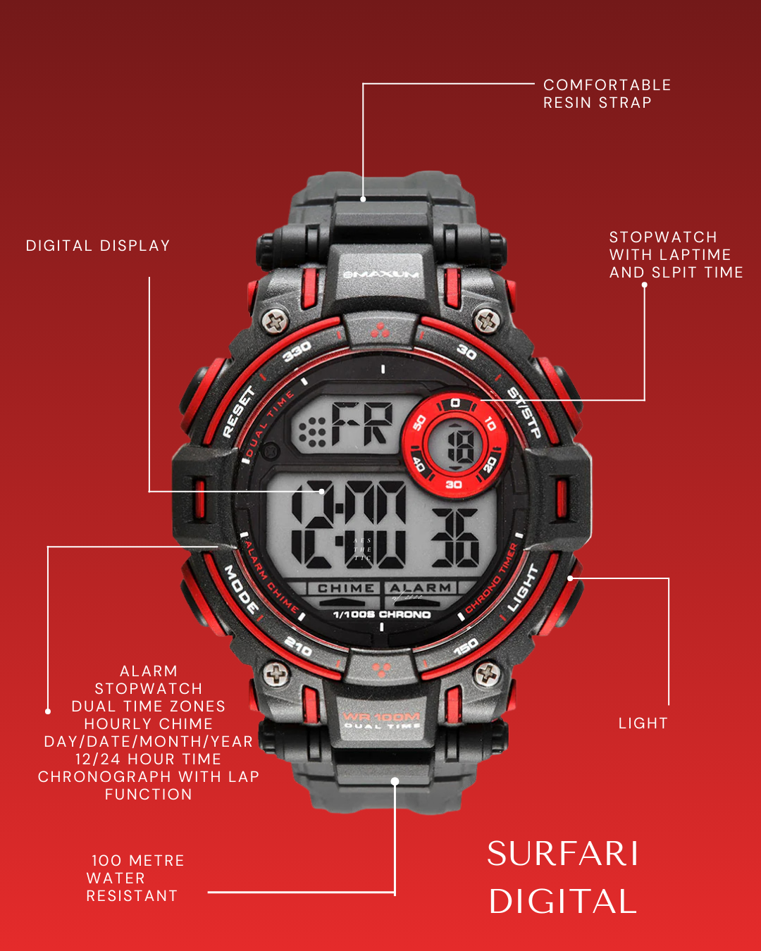 Surfari Black and Red Digital Watch