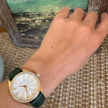 Sydney Crystal-Embellished Analogue Watch  –White Dial, Gold Tone Case & Green Leather Band