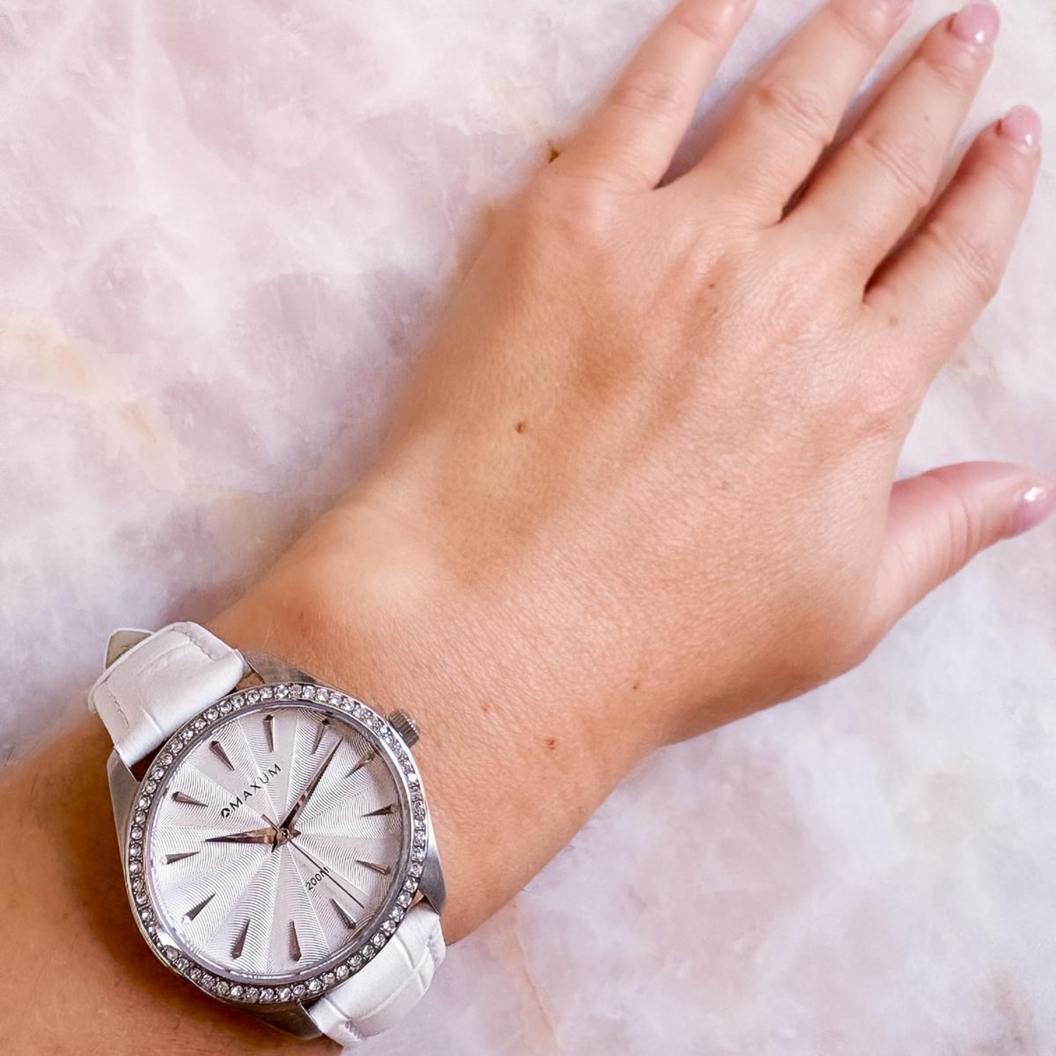 Sydney Crystal-Embellished Analogue Watch  –White Dial, Silver Tone Case & White Leather Band