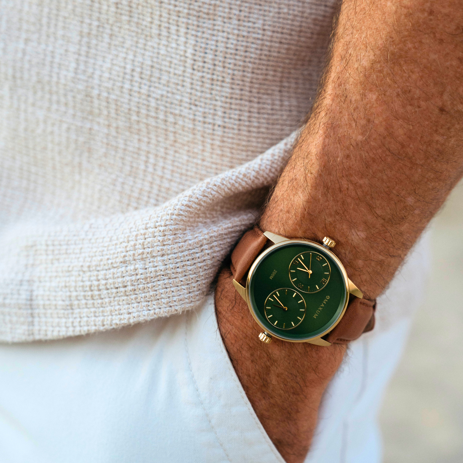 Maxum x Taylor Steele – Green Dial, Gold Tone Case & Brown Leather Band Watch