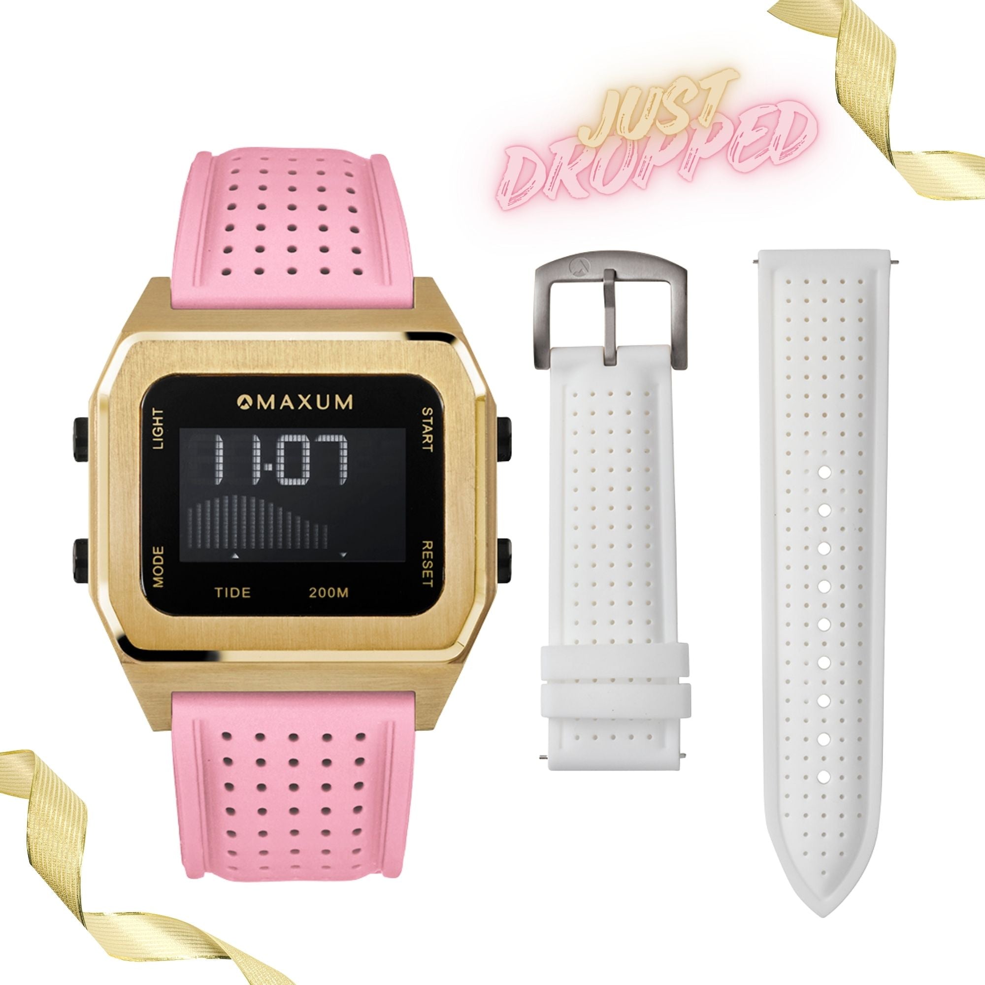 Raglan Digital Tide Watch Set – Gold Case White & Pink Silicone Strap