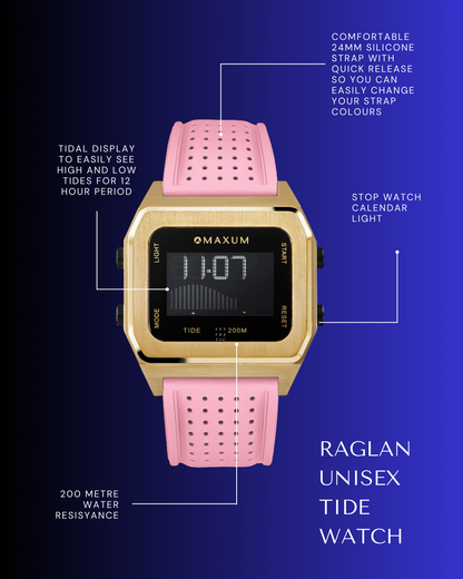 Raglan Digital Tide Watch Set – Gold Case White & Pink Silicone Strap