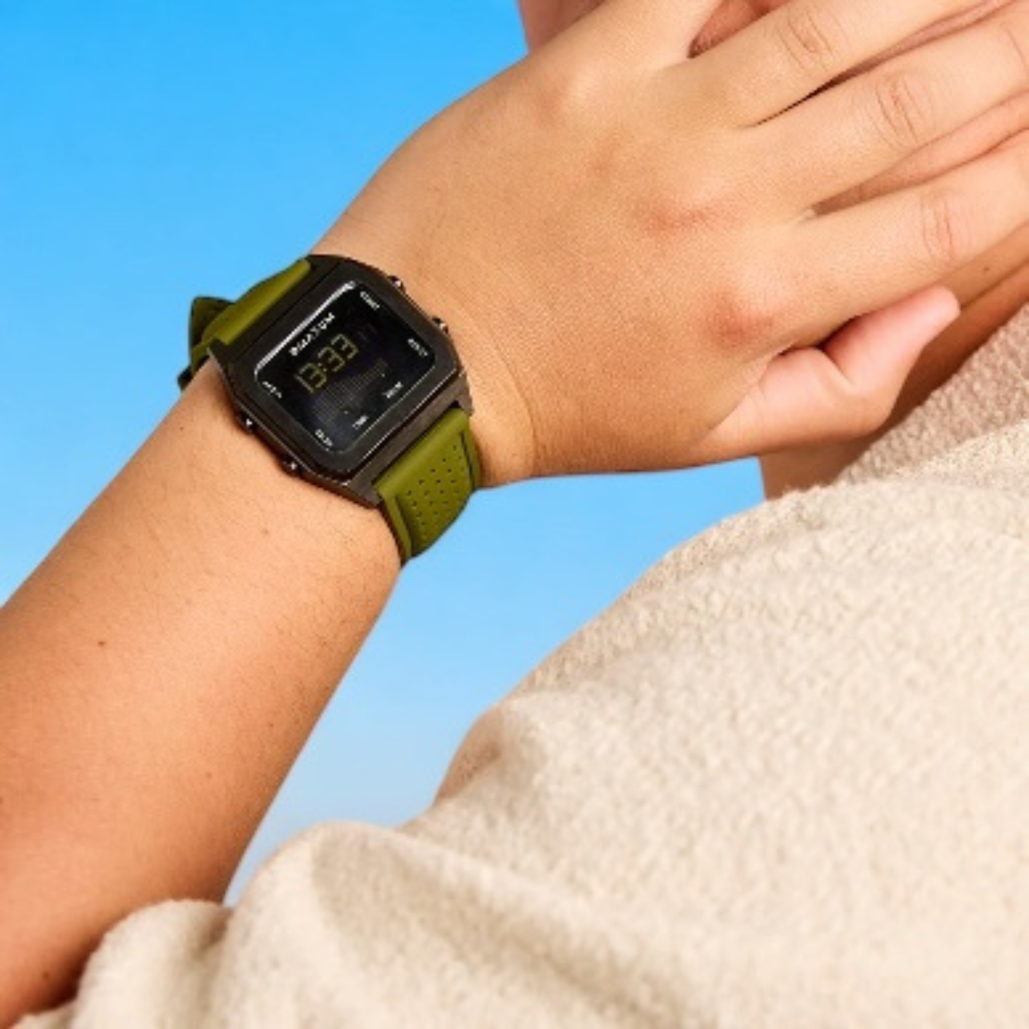 Raglan Digital Square Dial Tide Watch – Black Case, Black Dial & Green Silicone Strap