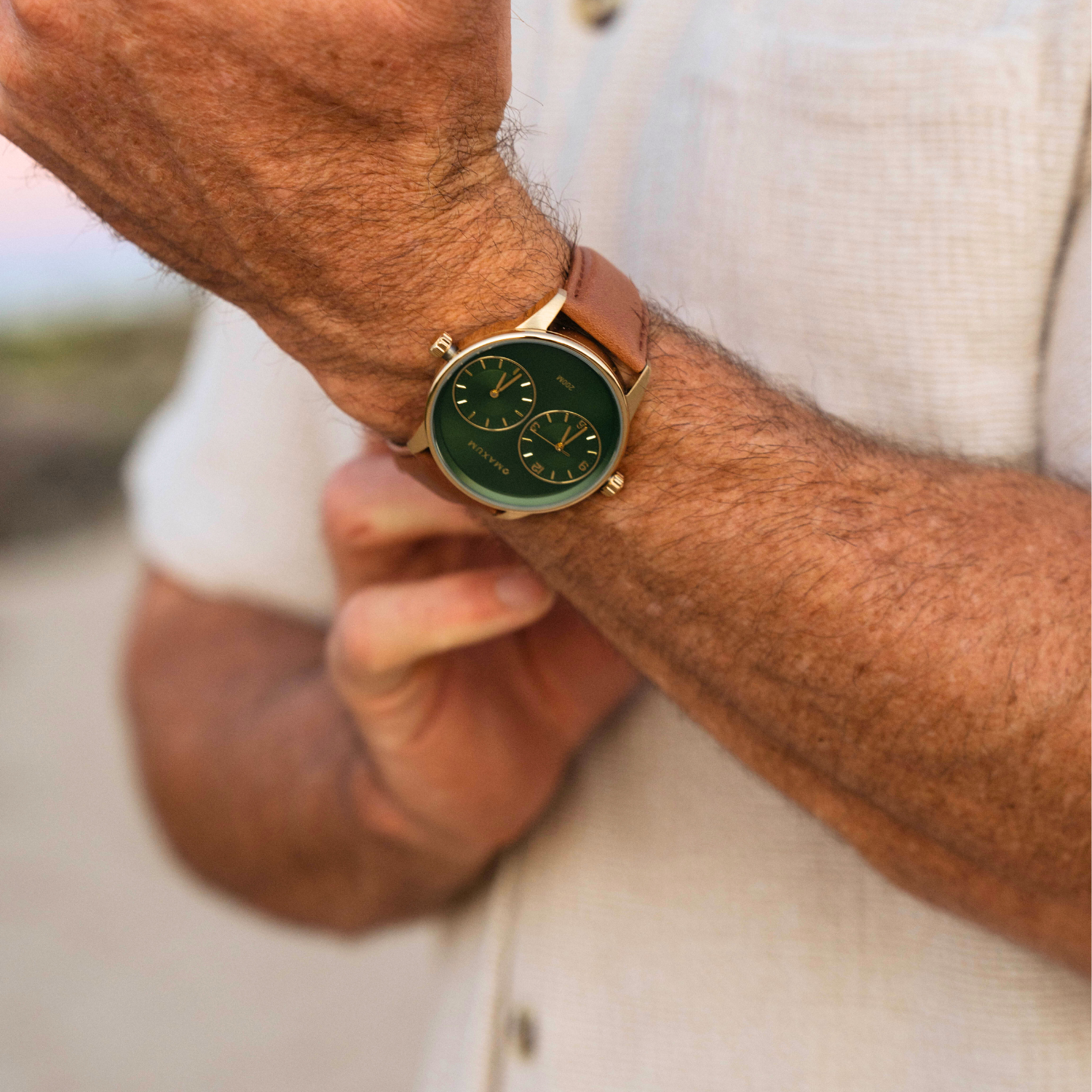 Maxum x Taylor Steele – Green Dial, Gold Tone Case & Brown Leather Band Watch