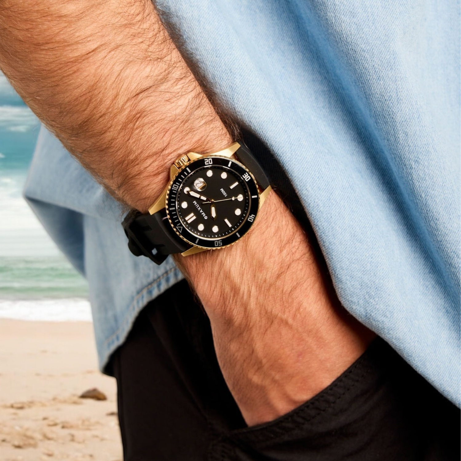 Prince Analogue Date Watch – Gold Case, Black Dial & Black Silicone Strap