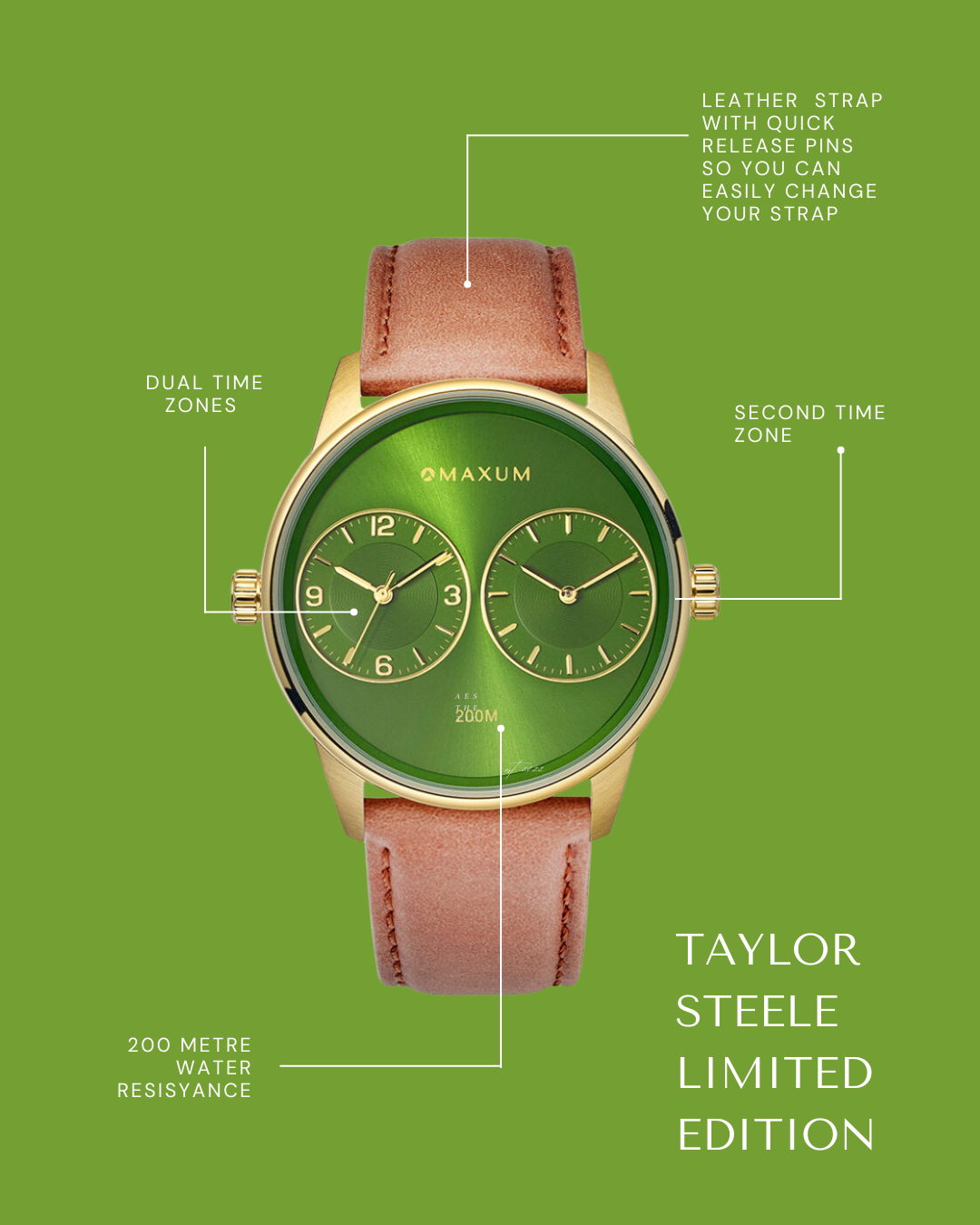 Taylor Steele Analogue Dual Time Zones– Green Dial, Gold Tone Case & Brown Leather Band Watch