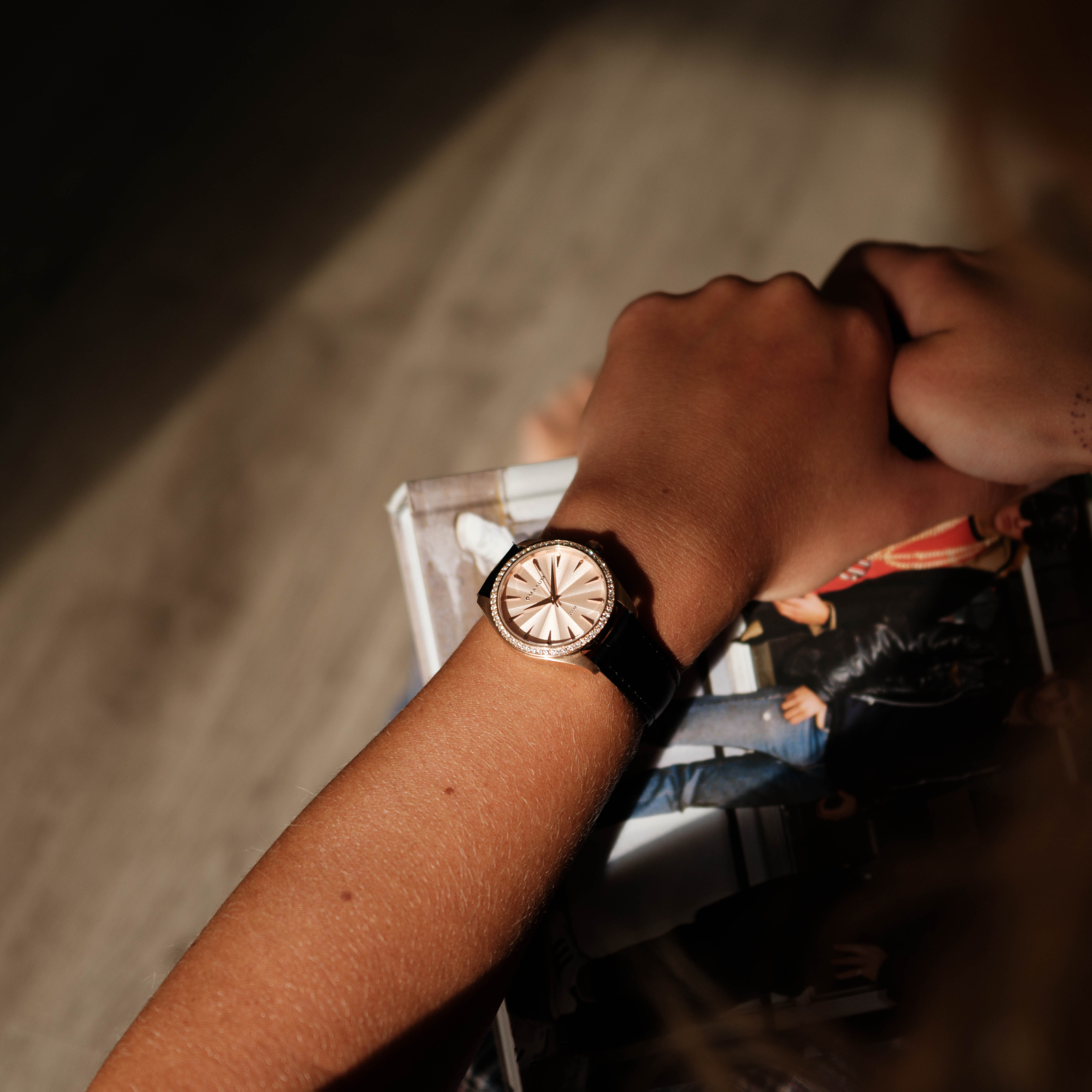 Sydney Crystal-Embellished Analogue Watch  – Rose Gold Tone Dial, Rose Gold Tone Case & Black Leather Band