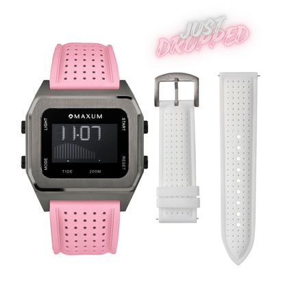 Raglan Digital Tide Watch Set – Gun Metal Case, White & Pink Silicone Strap