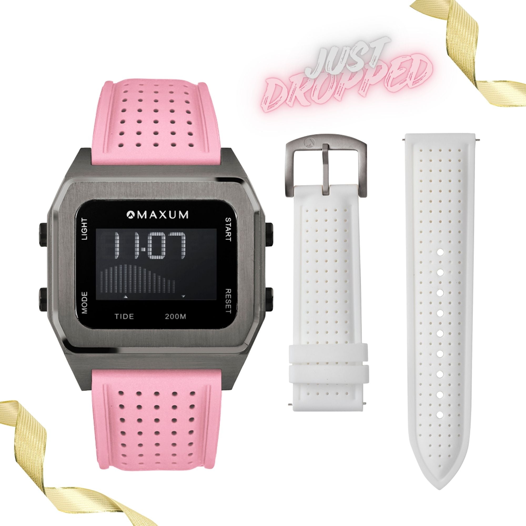 Raglan Digital Tide Watch Set – Gun Metal Case, White & Pink Silicone Strap