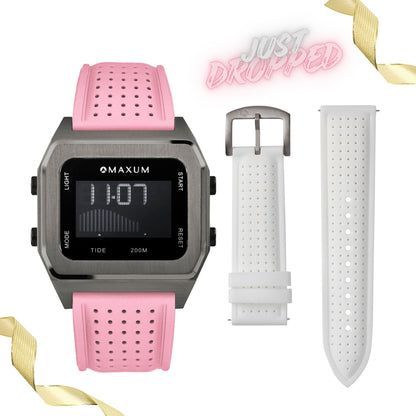 Raglan Digital Tide Watch Set – Gun Metal Case, White & Pink Silicone Strap
