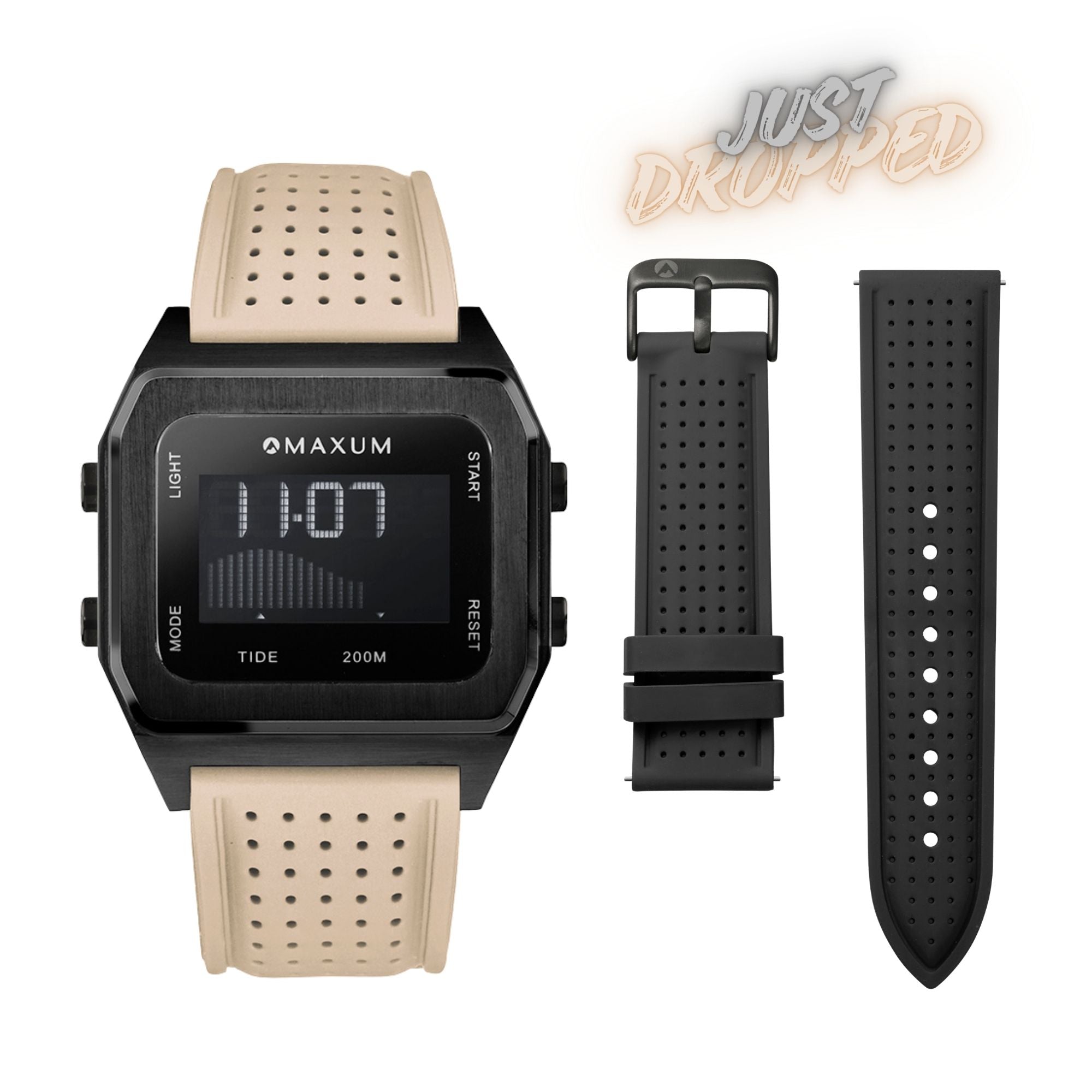 Raglan Digital Tide Watch Set – Black Case, Black & Beige Silicone Strap