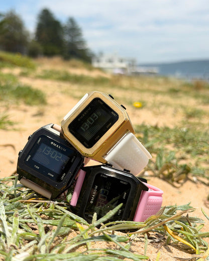 Raglan Digital Square Unisex Tide Watch– Gold Case, Black Dial & Beige Silicone Strap