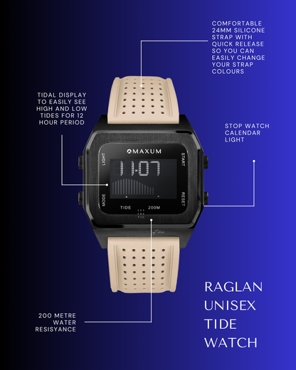 Raglan Digital Square Unisex Tide Watch – Black Case, Black Dial & Beige Silicone Strap