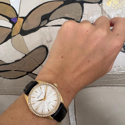 Sydney Crystal-Embellished Analogue Watch  –White Dial, Gold Tone Case & Black Leather Band