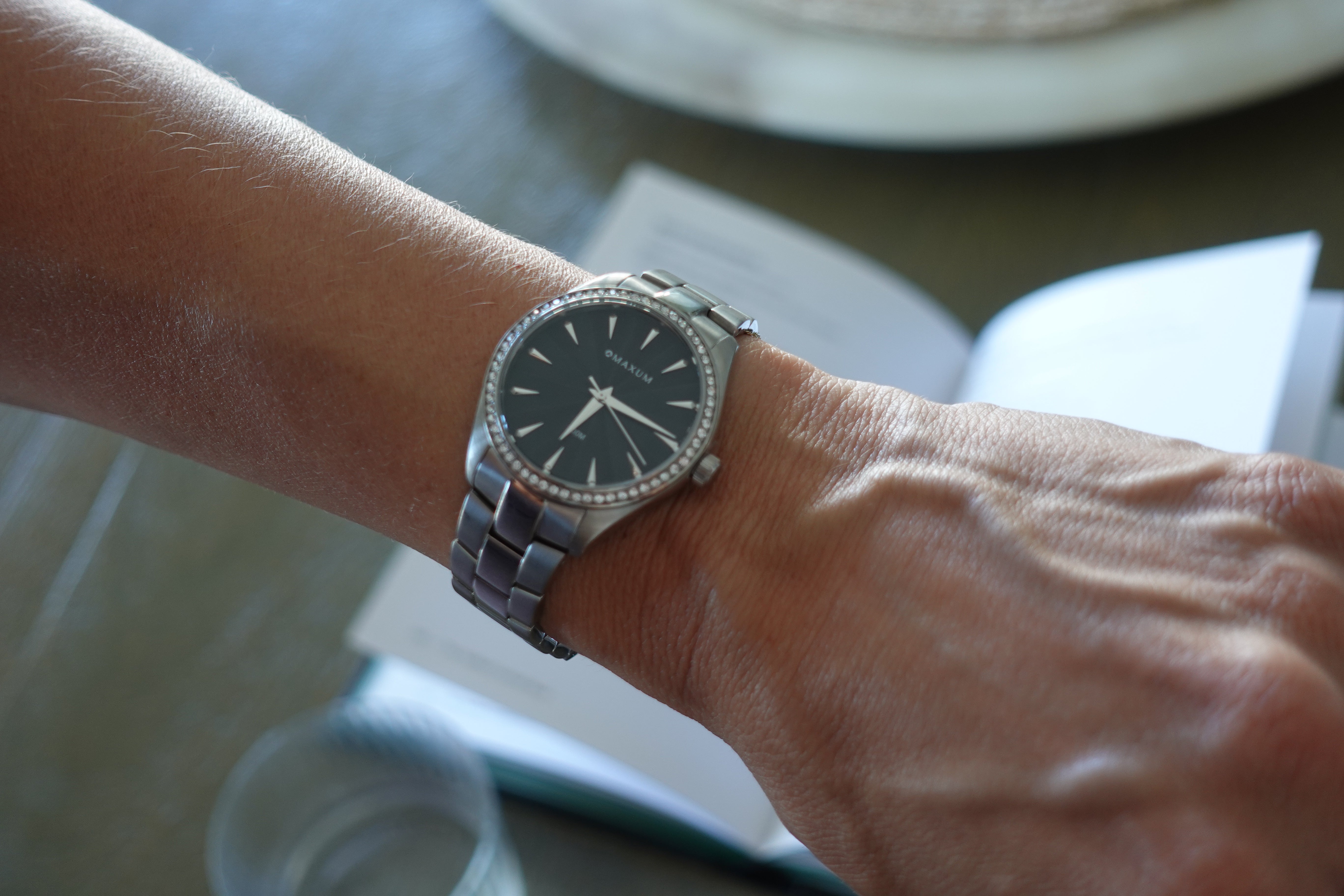 Sydney Crystal-Embellished Analogue Watch  –Black Dial & Silver Tone Case & Bracelet