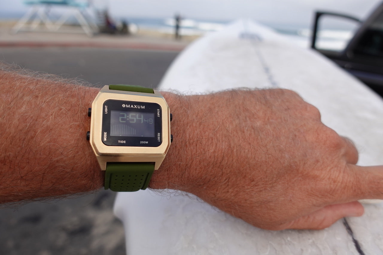 Raglan Digital Square Dial Tide Watch– Gold Case, Black Dial & Green Silicone Strap
